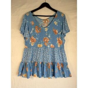 Cato Peplum Top Womens Large Blue Excellent Floral Mixed Print Flutter Sleeve